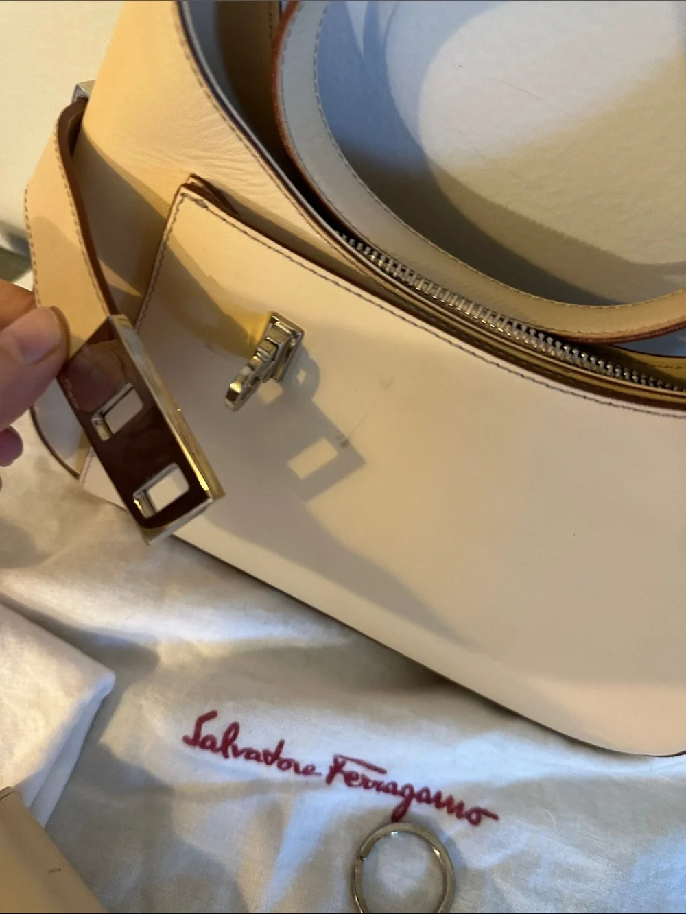 Vintage Salvatore Ferragamo Beige Leather Bag with wallet and keychain holder